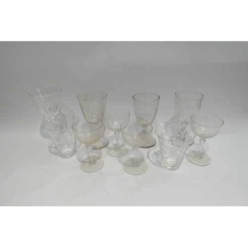 4412 - Four wine glasses including spiral twist, decoratively etched and heavy foot. Four small Edwardian c... 