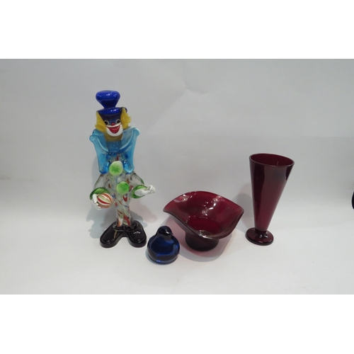 4424 - A Murano glass clown, blue glass bird figure and a ruby glass vase and bowl (4)