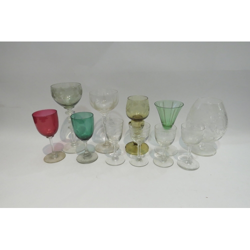 4431 - Mixed glass including etched brandy balloon, bobbin turned hock, Victorian trumpet, Edwardian etched... 