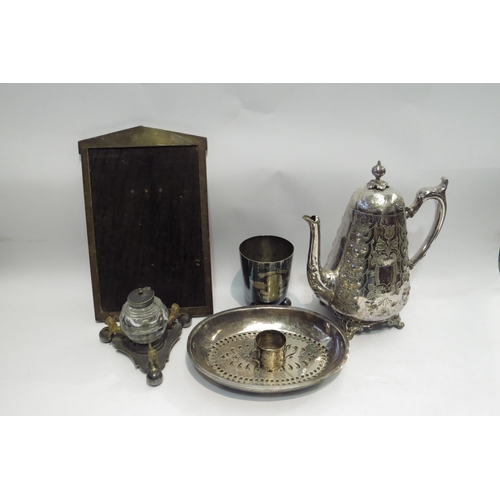 4449 - A selection of silver plated wares including coffee pot with floral design, inkwell with lion and ba... 