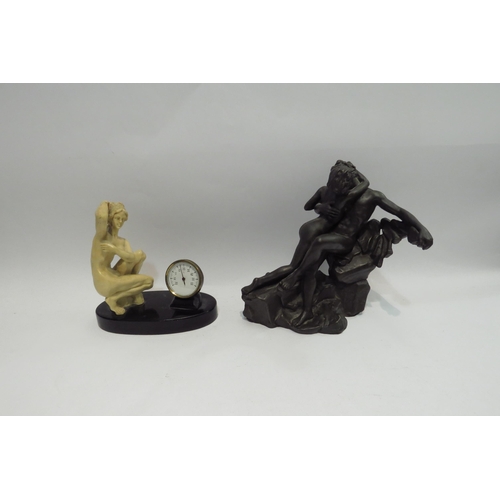 4453 - A resin bronze figural group of nude lovers in passionate embrace, 20cm height, also a thermometer w... 