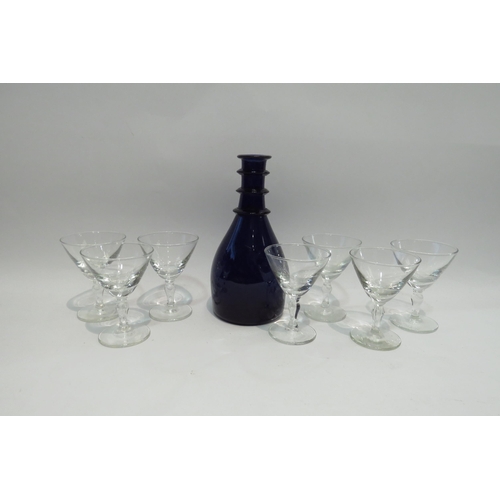 4466 - Seven cocktail glass knop stems, 9.5cm tall and a Bristol blue ring decanter, no stopper     (E) £15... 