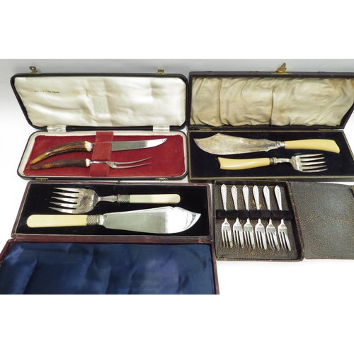 4442 - A selection of cased plated cutlery including antler handled carving set