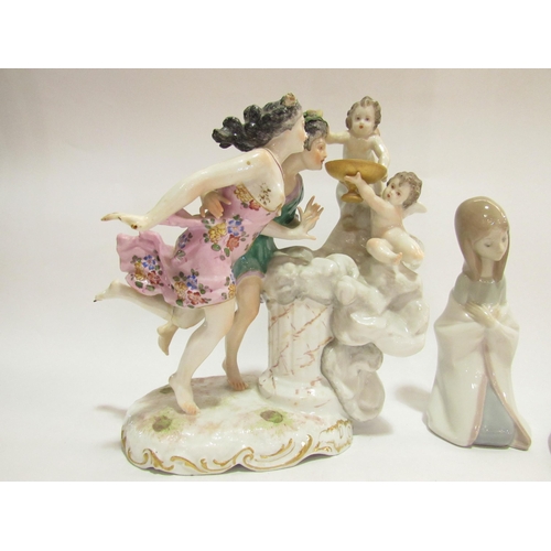 4266 - A German porcelain figural group thought to be Aphrodite and Adonis (a/f) together with a Naples por... 