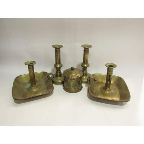 4284 - A pair of brass ejector candlesticks together with a further pair and Art Nouveau brass box (5)