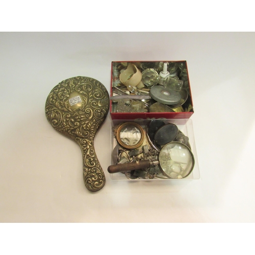 4285 - A Victorian EPNS hand mirror, red oxo cube tin with miscellaneous contents and a tray containing bij... 