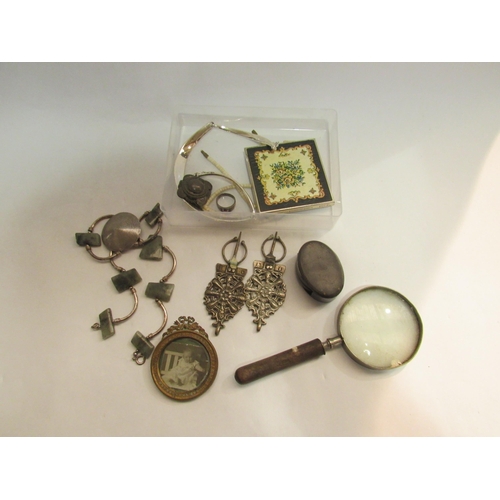 4285 - A Victorian EPNS hand mirror, red oxo cube tin with miscellaneous contents and a tray containing bij... 