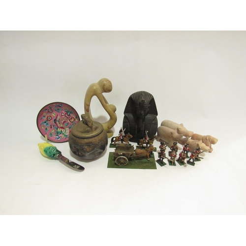 4286 - A tray of miscellaneous items including carved soapstone animals, Pharaoh bust, cloisonne dish, silv... 