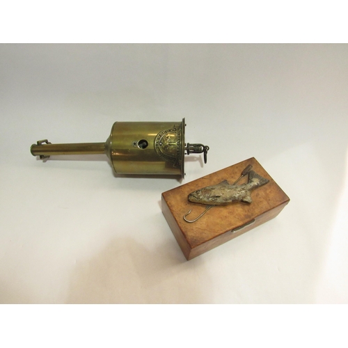 4290 - A 19th Century brass clockwork spit together with a burrwood trinket box with fish taxidermy applied... 