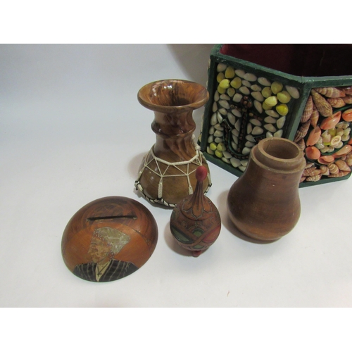 4302 - An Arabic white metal adornment in box frame and a hexagonal shell decorated lidded box with treen c... 