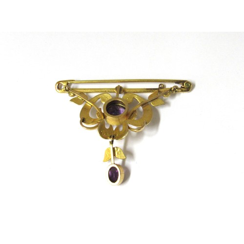 9377 - A gold bar brooch stamped 9ct suspended with a scroll and swag seed pearl and amethyst panel and ame... 