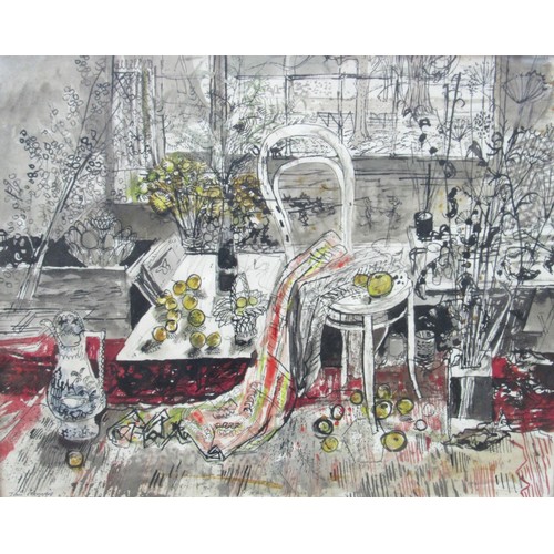 9482 - JOHN O'CONNOR RCA RE RWS (1913-2004) A framed and glazed mixed media on paper of an interior scene w... 