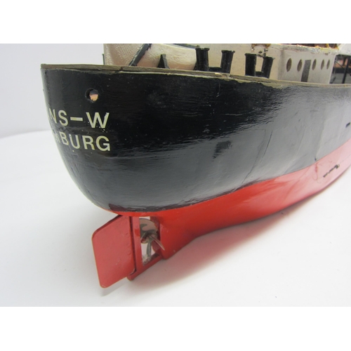 8428 - A kit built wooden model ship 'Frans-W, Hamburg', finished in black and red with brass propellor, fi... 