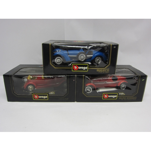 8176 - Three boxed Burago 1:18 scale diecast model cars to include Alfa Romeo 8C 2300 Monza (1931), Jaguar ... 