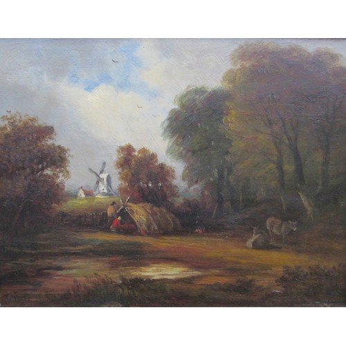 6068 - JOHN MOORE OF IPSWICH (1820-1902) An ornate gilt framed oil on wooden board, rural scene with windmi... 