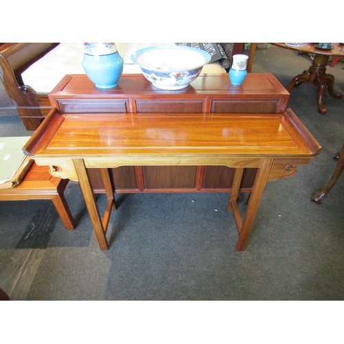 1446 - A Chinese elm altar table the curling ended top over a decorative frieze, 80cm tall x 124cm long x 3... 