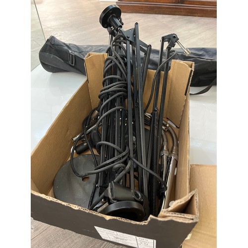 1077 - Two boxes of mixed microphone accessories together with vintage microphone stands