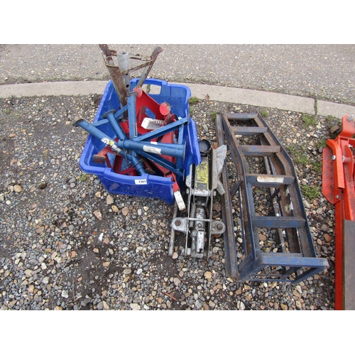 3263 - A pair of car ramps, trolley jack and a quantity of axle stands