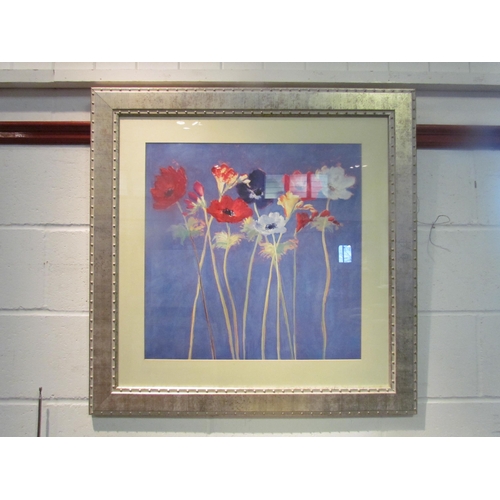 1027 - A colourful print depicting anemones and freesias, framed and glazed, 55cm x 55cm image size