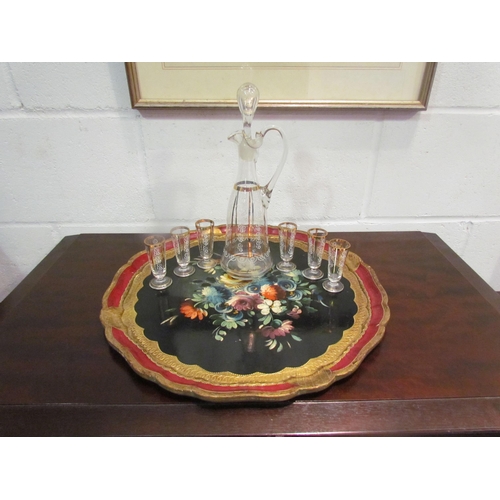 1035 - An Italian ornate scalloped form tray with hand painted flowers, 44cm diameter, together with six fl... 