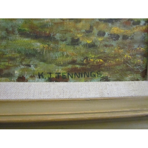 1062 - K.J. JENNINGS: An oil on board of swans on a river, signed lower right, framed, 41cm x 57cm image si... 