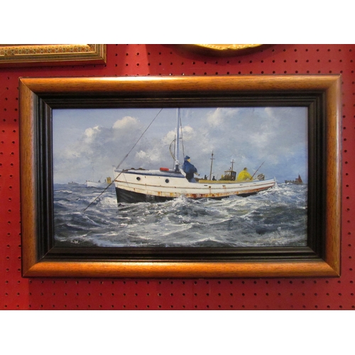 1066 - R.WATTS: An oil painting of fishermen on boat, monogrammed lower left, framed, 21cm x 39cm image siz... 