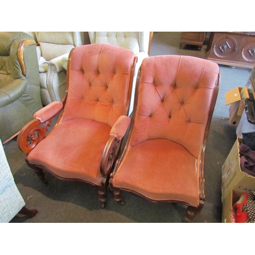 1134 - A pair of Victorian button back his and hers armchairs with rose pink velvet upholstery, both a/f   ... 