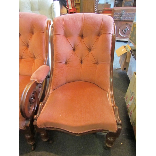 1134 - A pair of Victorian button back his and hers armchairs with rose pink velvet upholstery, both a/f   ... 