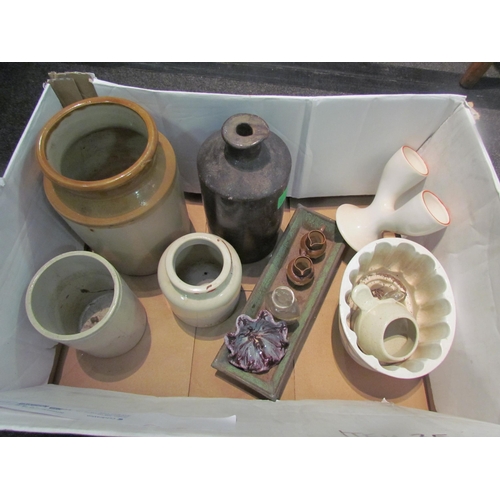 1157 - A box containing stoneware containers and bottle, ceramic jelly mould, miniature Doulton Lambeth jug... 