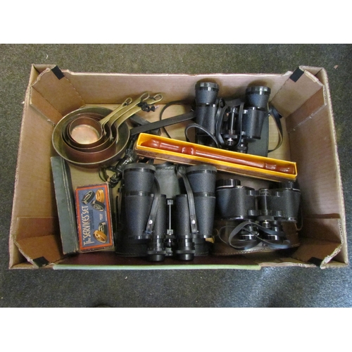 1190 - A box of miscellaneous to include binoculars, Boosey & Hawkes Super Recorder, boxed, brass and coppe... 