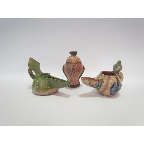 1225 - Three pieces of pottery from the Indus valley, two oil lamps and an owl figure