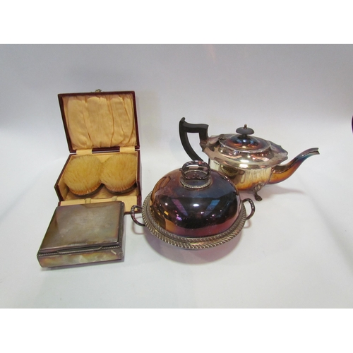 1227 - Three plated items to include a cigarette box, muffin dish and teapot together with a pair of silver... 