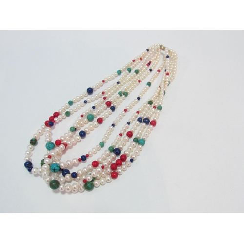 1242 - A four strand pearl and coloured bead necklace including Lapis and turquiose beads, clasp stamped 37... 