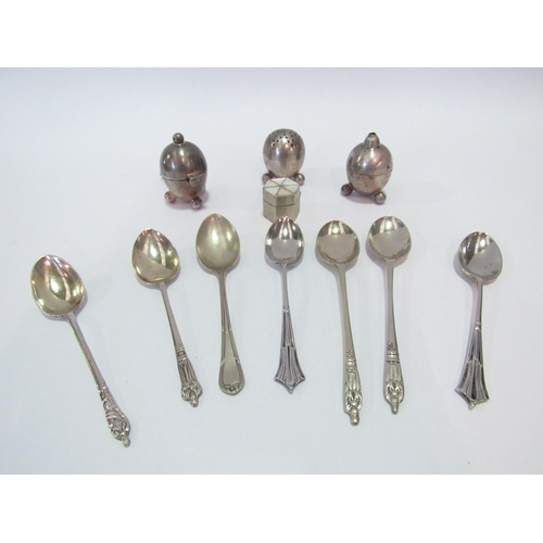 1244 - An egg shaped cruet set, apostle spoons, pill pot etc.