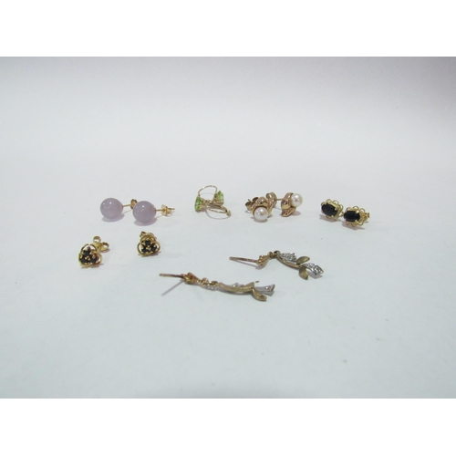 1268 - Six pairs of various 9ct and 14ct gold stone set earrings including peridot, sapphire, diamond, etc.... 