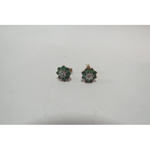 1298 - A pair of 9ct gold emerald and diamond cluster earrings, 2.6g  (C)