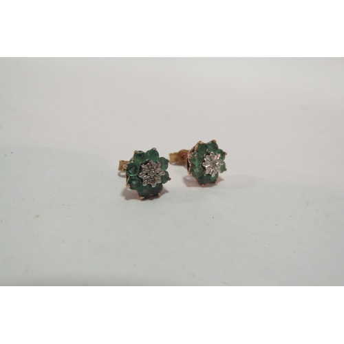 1298 - A pair of 9ct gold emerald and diamond cluster earrings, 2.6g  (C)