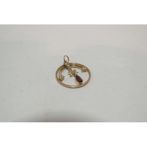 1300 - A gold seed pearl and garnet drop pendant, marks rubbed, 2.7g