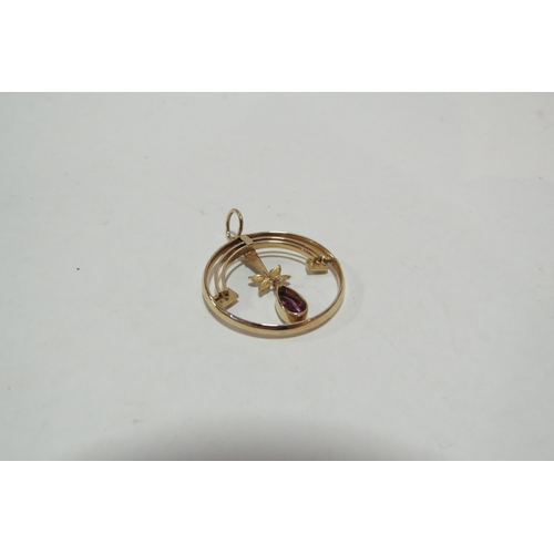 1300 - A gold seed pearl and garnet drop pendant, marks rubbed, 2.7g