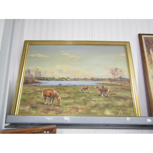 2332 - A textured oil on canvas of horses by a lake