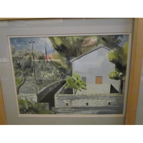 1393 - Two 20th Century watercolours, stone wall and building, 27.5cm x 38cm