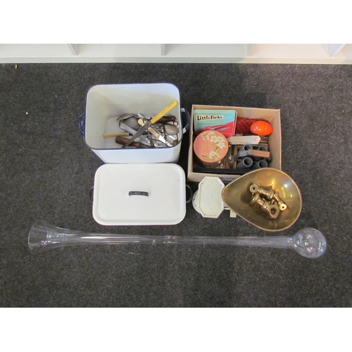 1395 - A set of bygone scales and bell weights and other bygone items to include cribbage board, treen grad... 