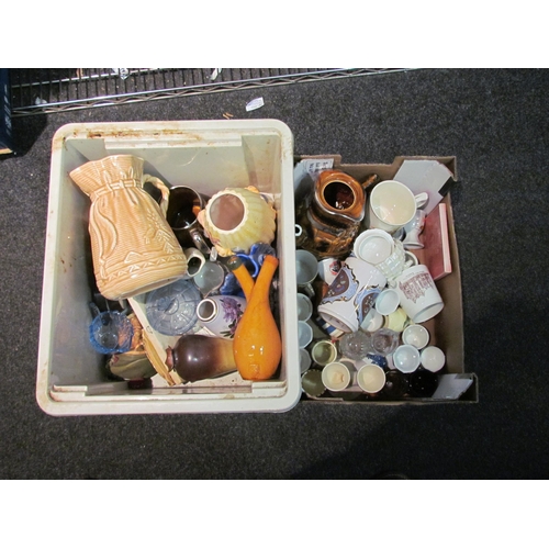 1404 - Two boxes of miscellaneous ceramics including jugs, vases, egg cups etc