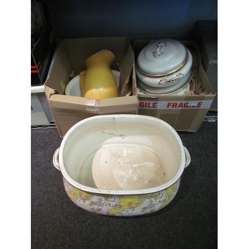 1405 - Three boxes of ceramics, footbath a/f, meat plates, jug and wash bowl, some pieces a/f