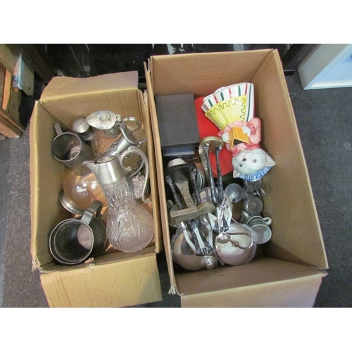 1412 - Two boxes of mixed including cut glass claret jugs, pewter tankards, cased cutlery, napkin rings, co... 