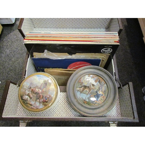 1417 - A framed Prattware pot lid, another pot lid and a collection of LP's