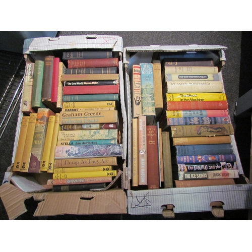 1420 - Two boxes of fiction, modern 1st editions, etc., literature, including Aldous Huxley, Lawrence Durre... 