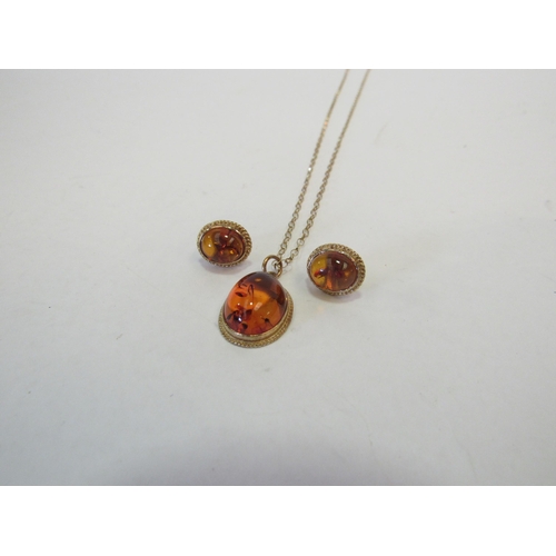 1317 - A pair of 9ct gold amber earrings and a matching pendant on chain stamped 9k  (C)