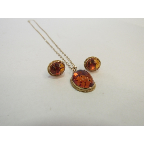 1317 - A pair of 9ct gold amber earrings and a matching pendant on chain stamped 9k  (C)