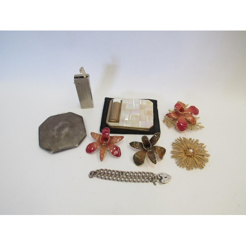 1322A - A silver compact, lighter, bracelet and Orchid brooches